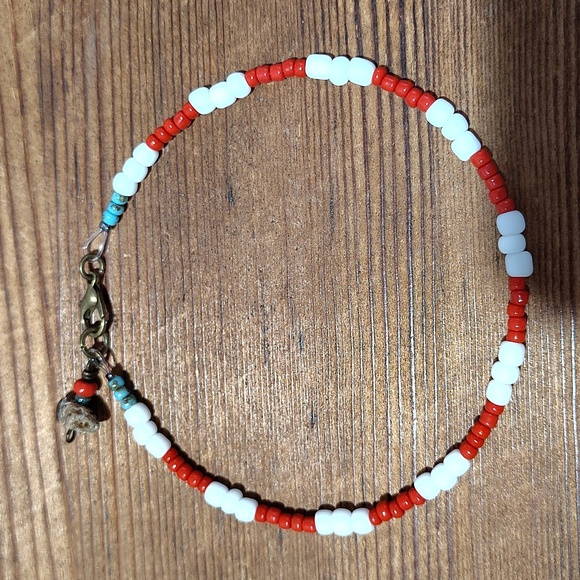 Red, White and Turquoise Beaded Bracelet, Handmade Men's Bracelet, White - Picture 6 of 6